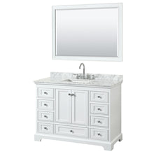 Load image into Gallery viewer, Wyndham Deborah 48 Inch Single Bathroom Vanity in White, White Carrara Marble Countertop, Undermount Square Sink, and 46 Inch Mirror- Wyndham