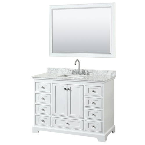 Wyndham Deborah 48 Inch Single Bathroom Vanity in White, White Carrara Marble Countertop, Undermount Square Sink, and 46 Inch Mirror- Wyndham