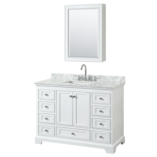 Wyndham Deborah 48 Inch Single Bathroom Vanity in White, White Carrara Marble Countertop, Undermount Square Sink, and Medicine Cabinet- Wyndham