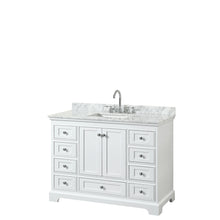 Load image into Gallery viewer, Wyndham Deborah 48 Inch Single Bathroom Vanity in White, White Carrara Marble Countertop, Undermount Square Sink, and No Mirror- Wyndham