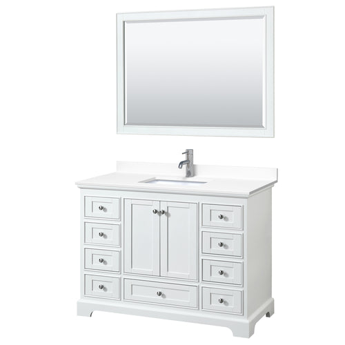 Wyndham Deborah 48 Inch Single Bathroom Vanity in White, White Cultured Marble Countertop, Undermount Square Sink, 46 Inch Mirror- Wyndham