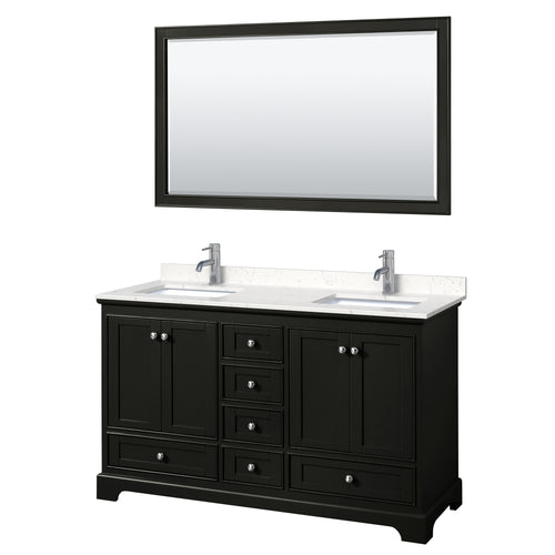 Wyndham Deborah 60 Inch Double Bathroom Vanity in Dark Espresso, Light-Vein Carrara Cultured Marble Countertop, Undermount Square Sinks, 58 Inch Mirror- Wyndham