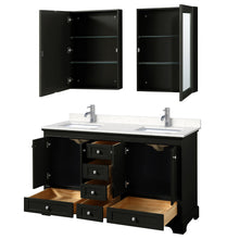 Load image into Gallery viewer, Wyndham Deborah 60 Inch Double Bathroom Vanity in Dark Espresso, Light-Vein Carrara Cultured Marble Countertop, Undermount Square Sinks, Medicine Cabinets- Wyndham