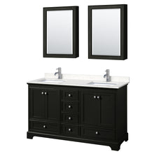 Load image into Gallery viewer, Wyndham Deborah 60 Inch Double Bathroom Vanity in Dark Espresso, Light-Vein Carrara Cultured Marble Countertop, Undermount Square Sinks, Medicine Cabinets- Wyndham