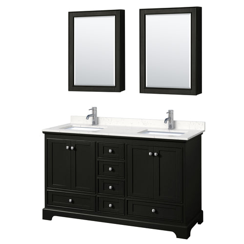 Wyndham Deborah 60 Inch Double Bathroom Vanity in Dark Espresso, Light-Vein Carrara Cultured Marble Countertop, Undermount Square Sinks, Medicine Cabinets- Wyndham