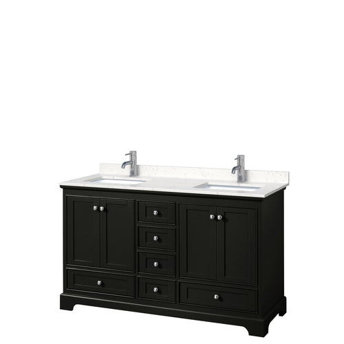 Wyndham Deborah 60 Inch Double Bathroom Vanity in Dark Espresso, Light-Vein Carrara Cultured Marble Countertop, Undermount Square Sinks, No Mirrors- Wyndham
