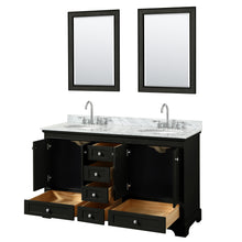 Load image into Gallery viewer, Wyndham Deborah 60 Inch Double Bathroom Vanity in Dark Espresso, White Carrara Marble Countertop, Undermount Oval Sinks, and 24 Inch Mirrors- Wyndham