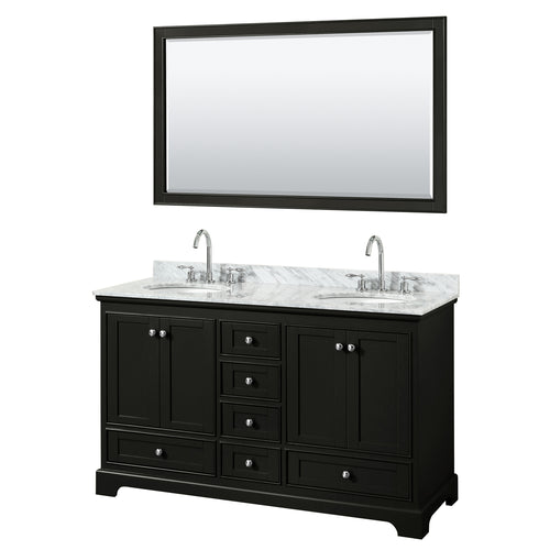 Wyndham Deborah 60 Inch Double Bathroom Vanity in Dark Espresso, White Carrara Marble Countertop, Undermount Oval Sinks, and 58 Inch Mirror- Wyndham