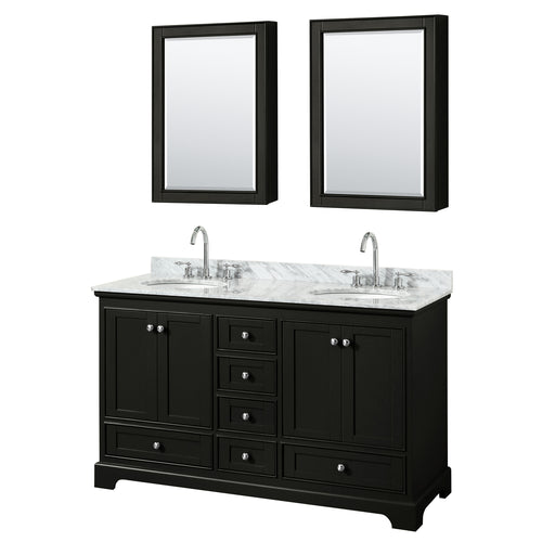 Wyndham Deborah 60 Inch Double Bathroom Vanity in Dark Espresso, White Carrara Marble Countertop, Undermount Oval Sinks, and Medicine Cabinets- Wyndham