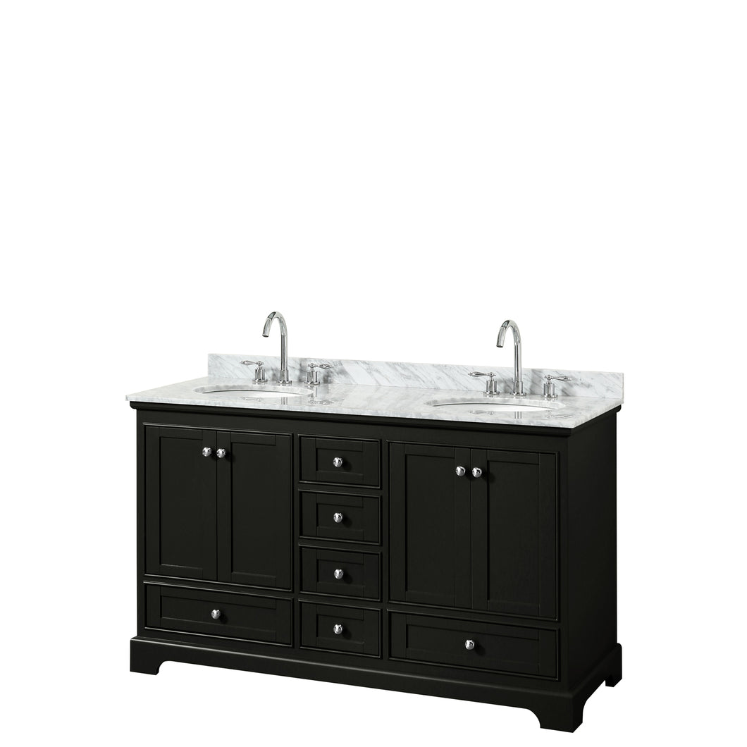 Wyndham Deborah 60 Inch Double Bathroom Vanity in Dark Espresso, White Carrara Marble Countertop, Undermount Oval Sinks, and No Mirrors- Wyndham