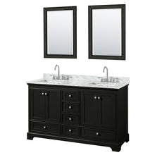 Load image into Gallery viewer, Wyndham Deborah 60 Inch Double Bathroom Vanity in Dark Espresso, White Carrara Marble Countertop, Undermount Square Sinks, and 24 Inch Mirrors- Wyndham