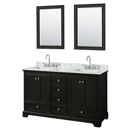 Wyndham Deborah 60 Inch Double Bathroom Vanity in Dark Espresso, White Carrara Marble Countertop, Undermount Square Sinks, and 24 Inch Mirrors- Wyndham