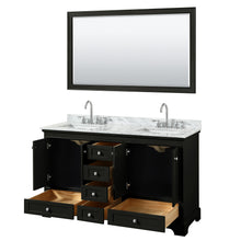 Load image into Gallery viewer, Wyndham Deborah 60 Inch Double Bathroom Vanity in Dark Espresso, White Carrara Marble Countertop, Undermount Square Sinks, and 58 Inch Mirror- Wyndham