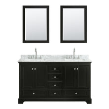 Load image into Gallery viewer, Wyndham Deborah 60 Inch Double Bathroom Vanity in Dark Espresso, White Carrara Marble Countertop, Undermount Square Sinks, and Medicine Cabinets- Wyndham