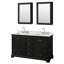 Load image into Gallery viewer, Wyndham Deborah 60 Inch Double Bathroom Vanity in Dark Espresso, White Carrara Marble Countertop, Undermount Square Sinks, and Medicine Cabinets- Wyndham