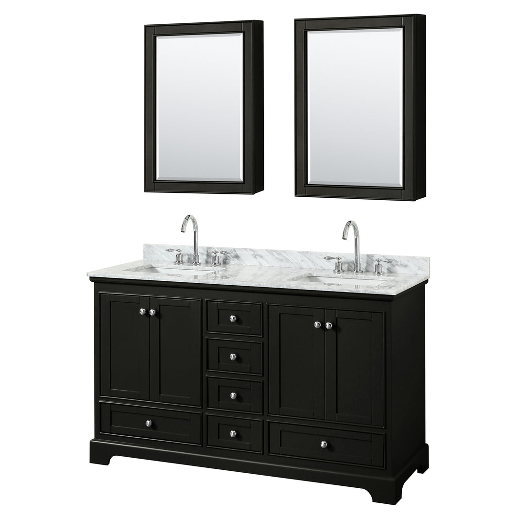 Wyndham Deborah 60 Inch Double Bathroom Vanity in Dark Espresso, White Carrara Marble Countertop, Undermount Square Sinks, and Medicine Cabinets- Wyndham