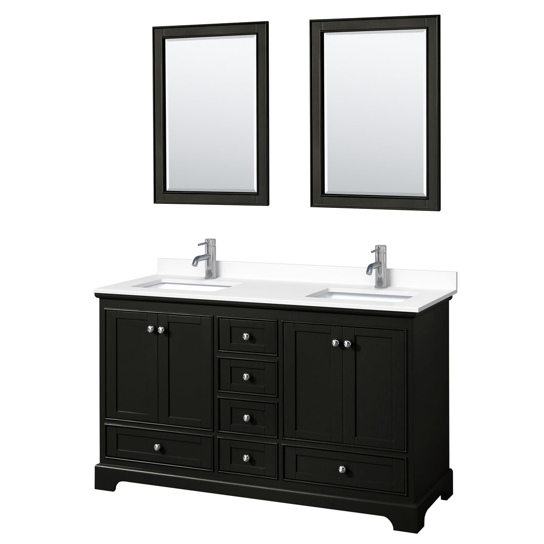 Wyndham Deborah 60 Inch Double Bathroom Vanity in Dark Espresso, White Cultured Marble Countertop, Undermount Square Sinks, 24 Inch Mirrors- Wyndham