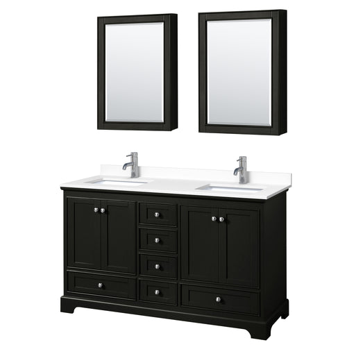 Wyndham Deborah 60 Inch Double Bathroom Vanity in Dark Espresso, White Cultured Marble Countertop, Undermount Square Sinks, Medicine Cabinets- Wyndham