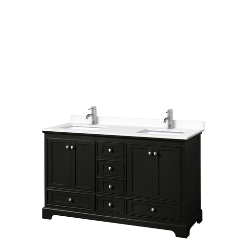 Wyndham Deborah 60 Inch Double Bathroom Vanity in Dark Espresso, White Cultured Marble Countertop, Undermount Square Sinks, No Mirrors- Wyndham