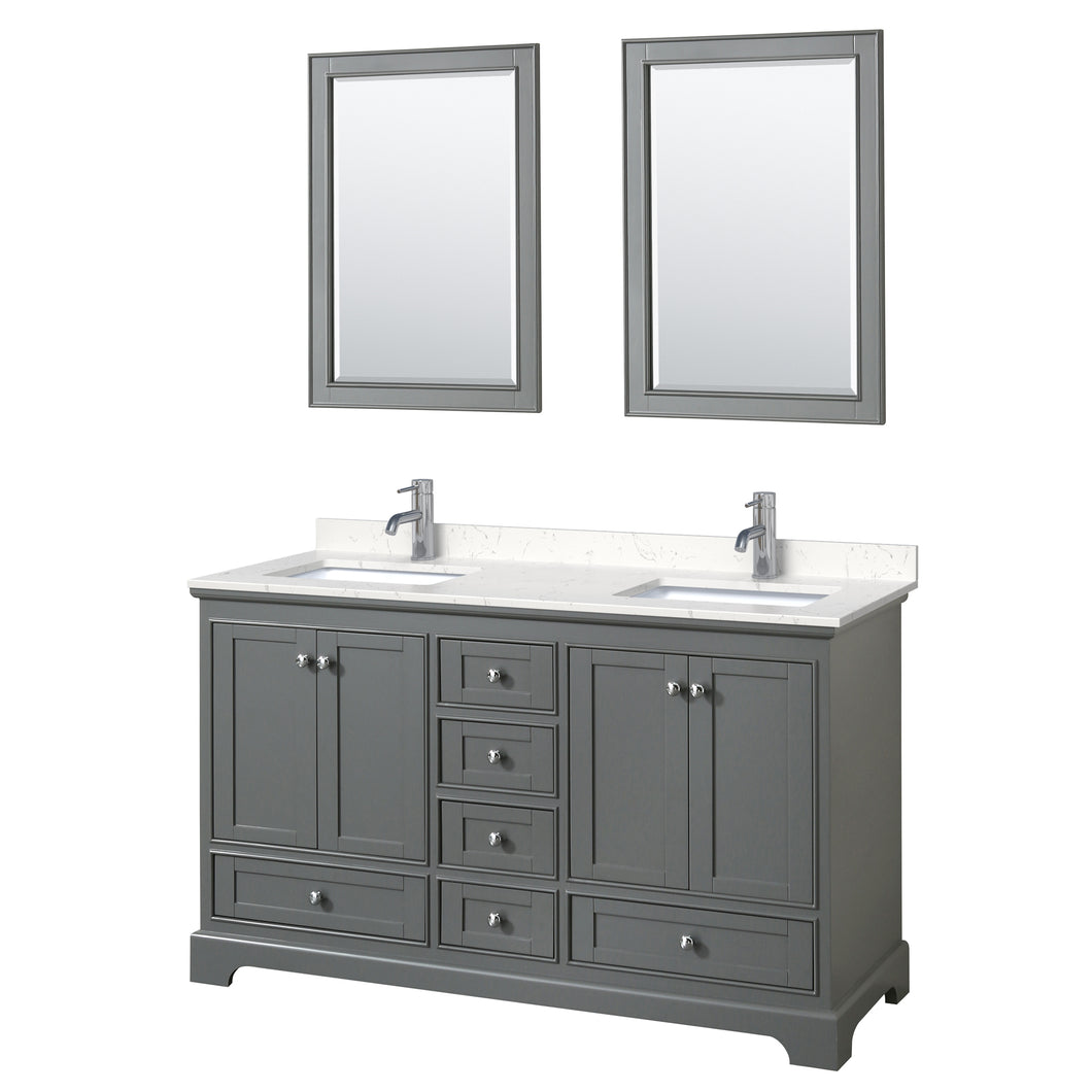 Wyndham Deborah 60 Inch Double Bathroom Vanity in Dark Gray, Light-Vein Carrara Cultured Marble Countertop, Undermount Square Sinks, 24 Inch Mirrors- Wyndham
