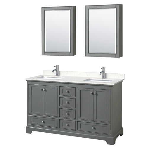Wyndham Deborah 60 Inch Double Bathroom Vanity in Dark Gray, Light-Vein Carrara Cultured Marble Countertop, Undermount Square Sinks, Medicine Cabinets- Wyndham