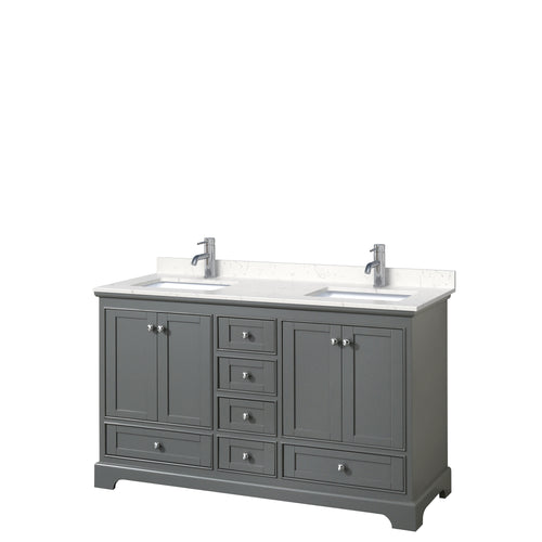Wyndham Deborah 60 Inch Double Bathroom Vanity in Dark Gray, Light-Vein Carrara Cultured Marble Countertop, Undermount Square Sinks, No Mirrors- Wyndham