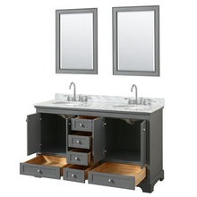 Load image into Gallery viewer, Wyndham Deborah 60 Inch Double Bathroom Vanity in Dark Gray, White Carrara Marble Countertop, Undermount Oval Sinks, and 24 Inch Mirrors- Wyndham