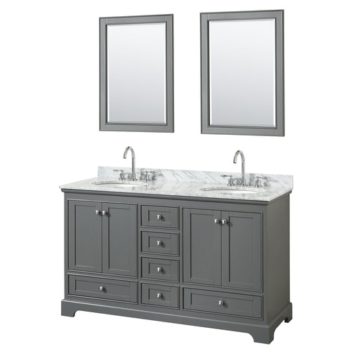 Wyndham Deborah 60 Inch Double Bathroom Vanity in Dark Gray, White Carrara Marble Countertop, Undermount Oval Sinks, and 24 Inch Mirrors- Wyndham