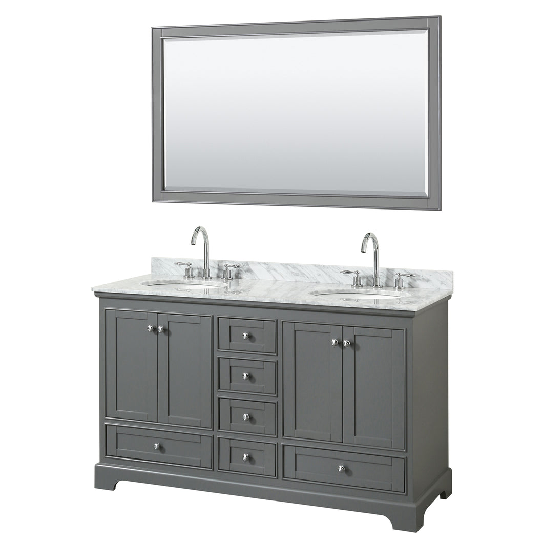 Wyndham Deborah 60 Inch Double Bathroom Vanity in Dark Gray, White Carrara Marble Countertop, Undermount Oval Sinks, and 58 Inch Mirror- Wyndham