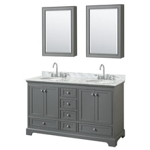 Load image into Gallery viewer, Wyndham Deborah 60 Inch Double Bathroom Vanity in Dark Gray, White Carrara Marble Countertop, Undermount Oval Sinks, and Medicine Cabinets- Wyndham