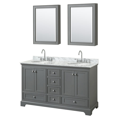 Wyndham Deborah 60 Inch Double Bathroom Vanity in Dark Gray, White Carrara Marble Countertop, Undermount Oval Sinks, and Medicine Cabinets- Wyndham