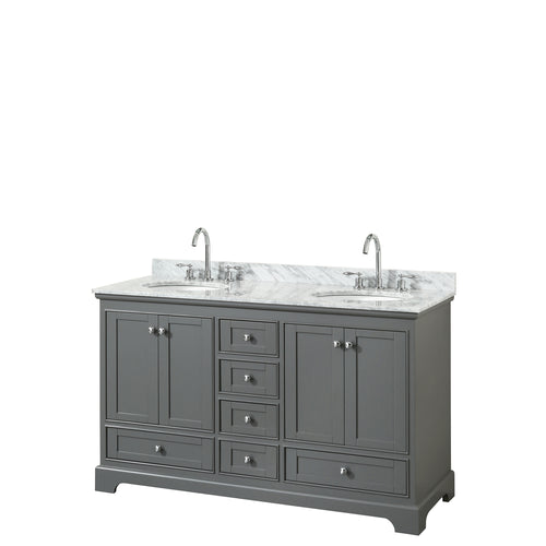 Wyndham Deborah 60 Inch Double Bathroom Vanity in Dark Gray, White Carrara Marble Countertop, Undermount Oval Sinks, and No Mirrors- Wyndham