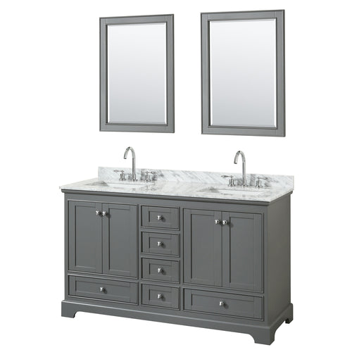 Wyndham Deborah 60 Inch Double Bathroom Vanity in Dark Gray, White Carrara Marble Countertop, Undermount Square Sinks, and 24 Inch Mirrors- Wyndham