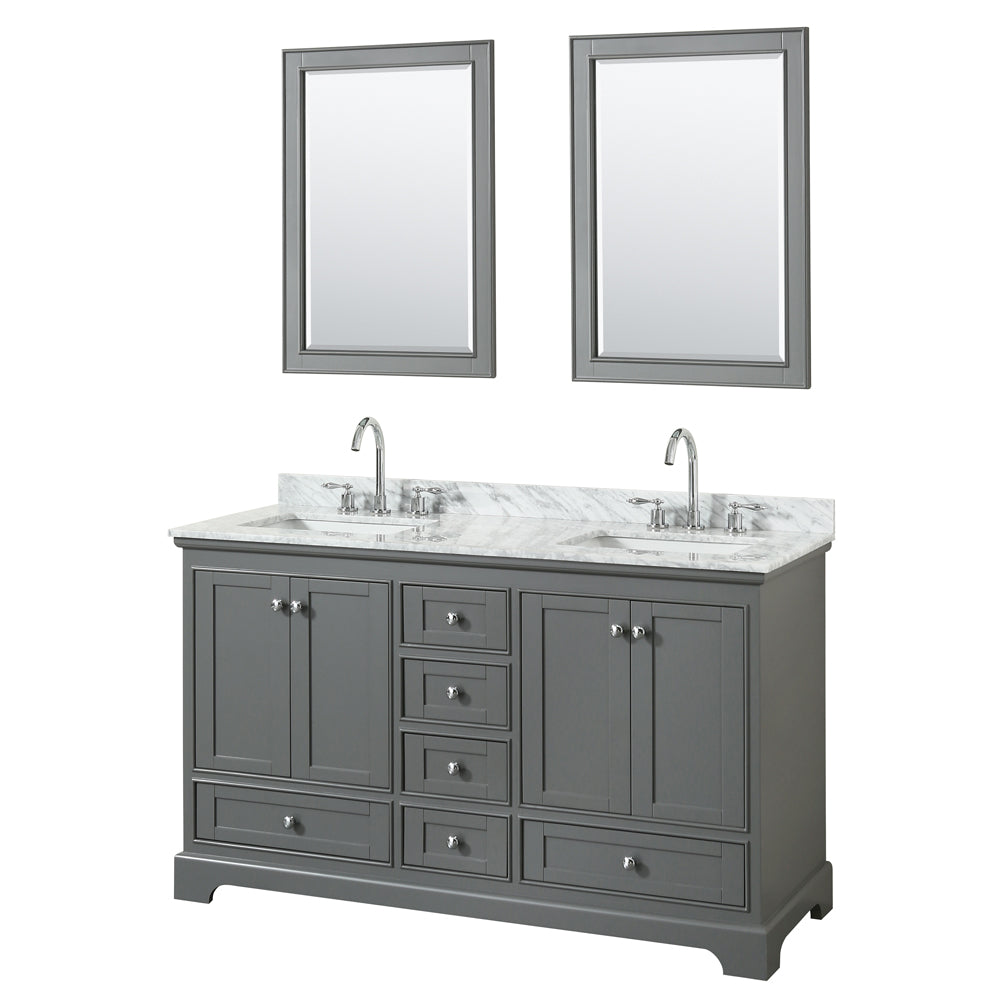 Wyndham Deborah 60 Inch Double Bathroom Vanity in Dark Gray, White Carrara Marble Countertop, Undermount Square Sinks, and 24 Inch Mirrors- Wyndham