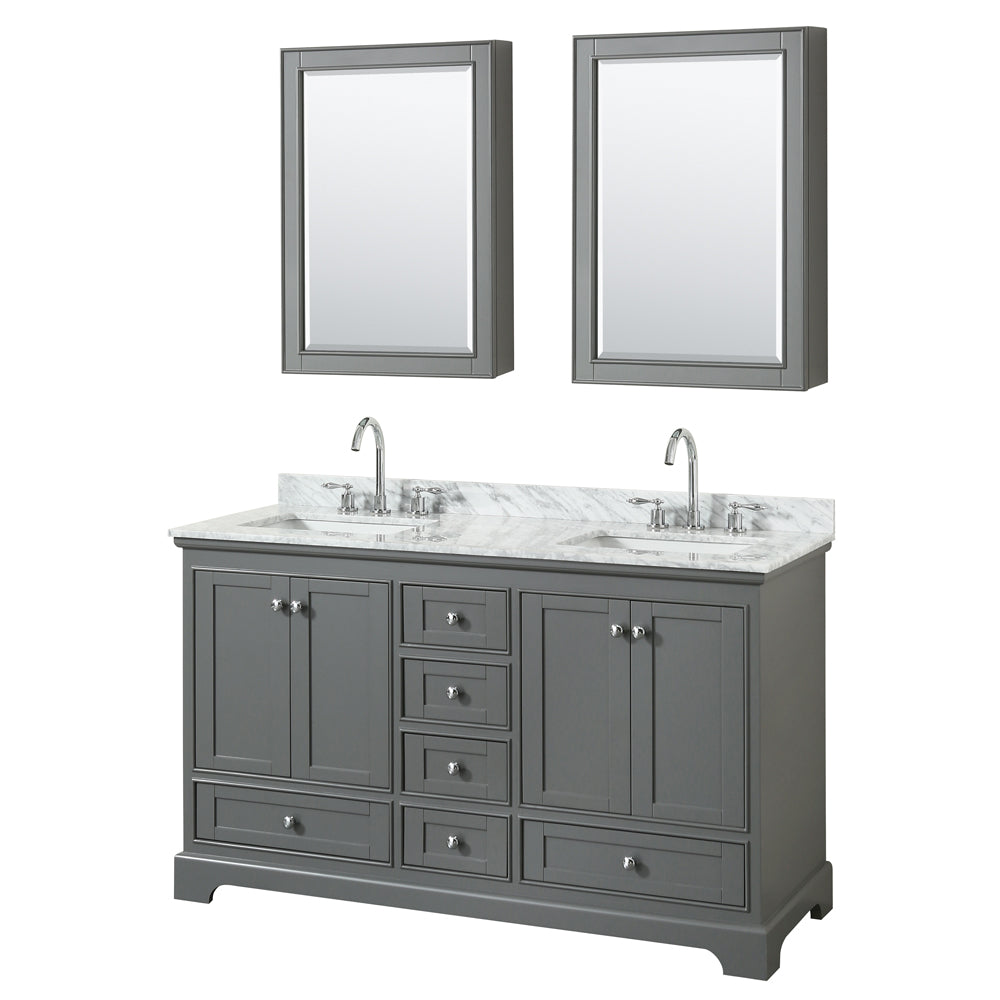 Wyndham Deborah 60 Inch Double Bathroom Vanity in Dark Gray, White Carrara Marble Countertop, Undermount Square Sinks, and Medicine Cabinets- Wyndham