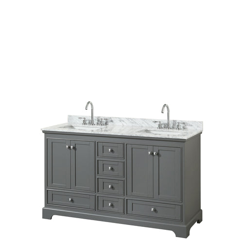 Wyndham Deborah 60 Inch Double Bathroom Vanity in Dark Gray, White Carrara Marble Countertop, Undermount Square Sinks, and No Mirror- Wyndham
