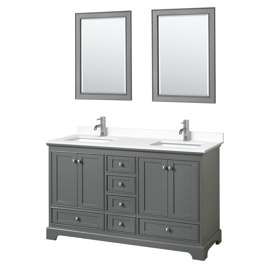 Wyndham Deborah 60 Inch Double Bathroom Vanity in Dark Gray, White Cultured Marble Countertop, Undermount Square Sinks, 24 Inch Mirrors- Wyndham
