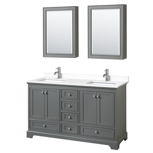 Wyndham Deborah 60 Inch Double Bathroom Vanity in Dark Gray, White Cultured Marble Countertop, Undermount Square Sinks, Medicine Cabinets- Wyndham