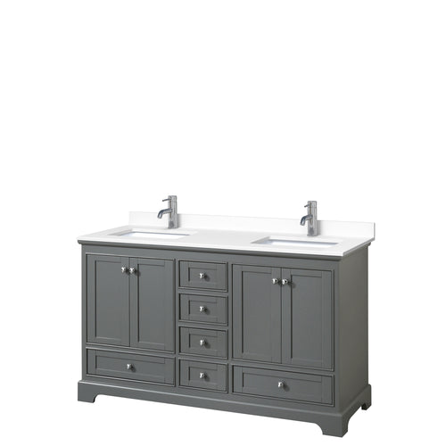 Wyndham Deborah 60 Inch Double Bathroom Vanity in Dark Gray, White Cultured Marble Countertop, Undermount Square Sinks, No Mirrors- Wyndham