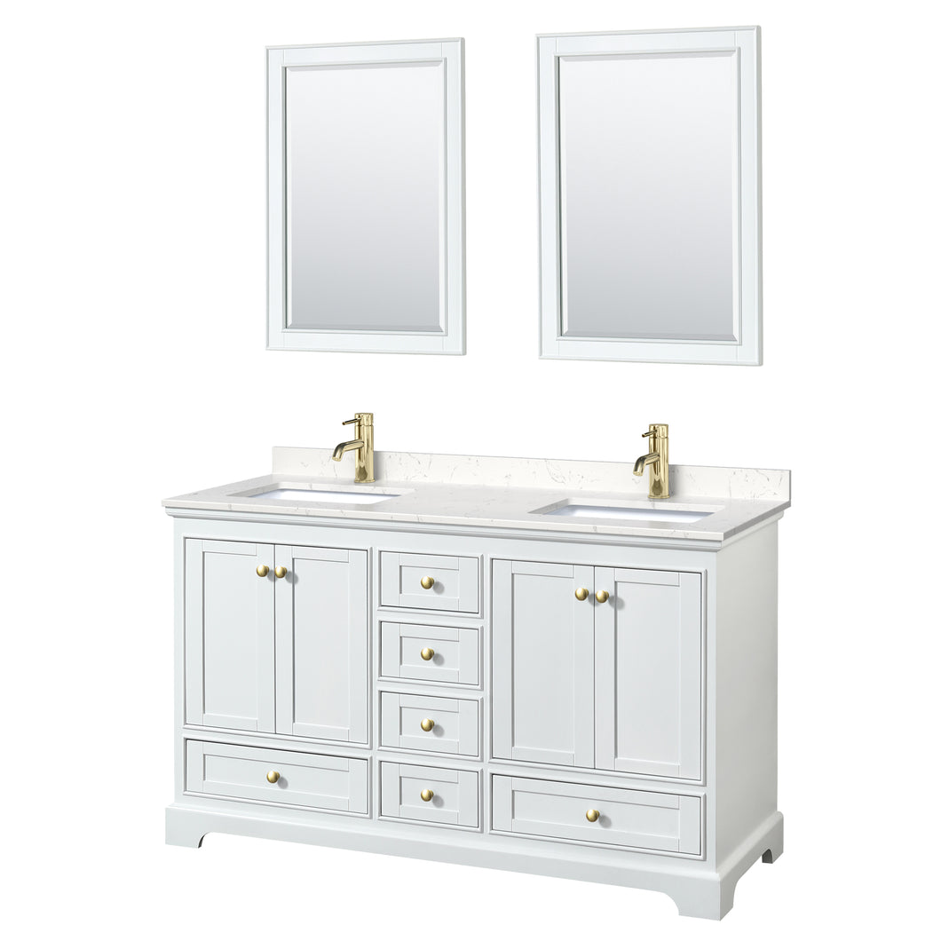 Wyndham Deborah 60 Inch Double Bathroom Vanity in White, Carrara Cultured Marble Countertop, Undermount Square Sinks, Brushed Gold Trim, 24 Inch Mirrors- Wyndham