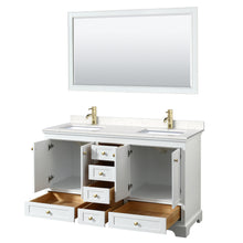 Load image into Gallery viewer, Wyndham Deborah 60 Inch Double Bathroom Vanity in White, Carrara Cultured Marble Countertop, Undermount Square Sinks, Brushed Gold Trim, 58 Inch Mirror- Wyndham