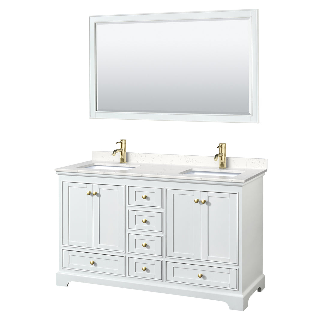 Wyndham Deborah 60 Inch Double Bathroom Vanity in White, Carrara Cultured Marble Countertop, Undermount Square Sinks, Brushed Gold Trim, 58 Inch Mirror- Wyndham