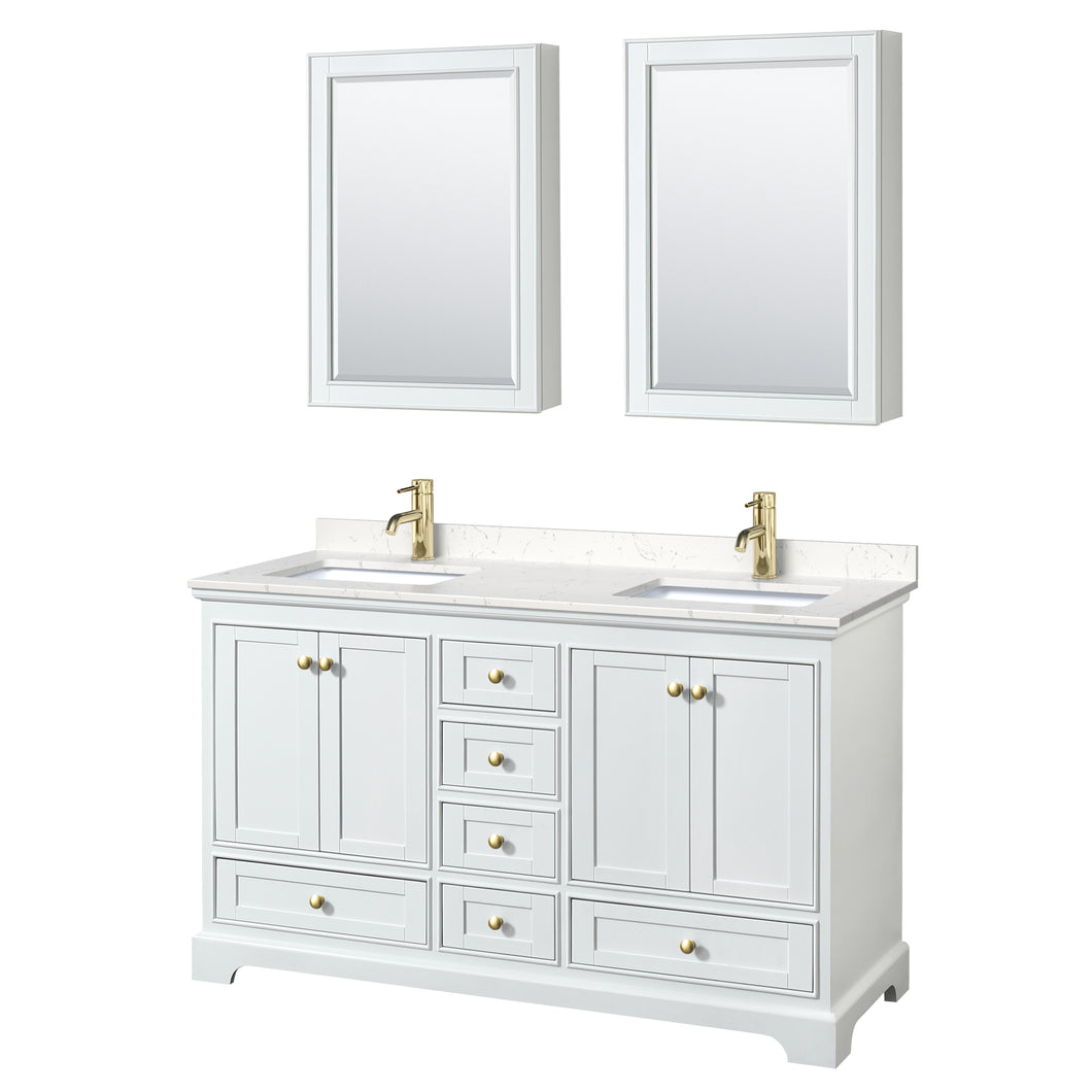 Wyndham Deborah 60 Inch Double Bathroom Vanity in White, Carrara Cultured Marble Countertop, Undermount Square Sinks, Brushed Gold Trim, Medicine Cabinets- Wyndham