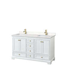 Load image into Gallery viewer, Wyndham Deborah 60 Inch Double Bathroom Vanity in White, Carrara Cultured Marble Countertop, Undermount Square Sinks, Brushed Gold Trim, No Mirrors- Wyndham