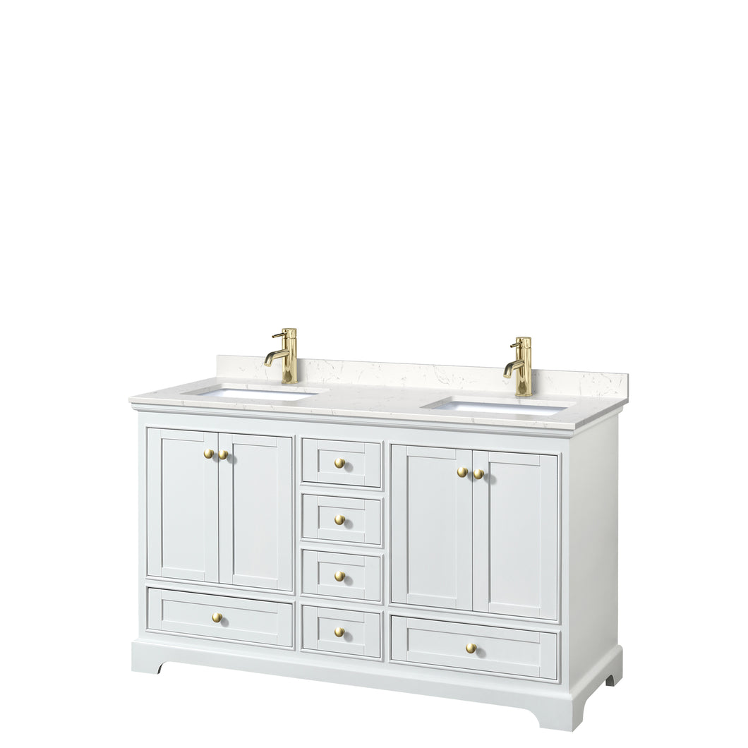 Wyndham Deborah 60 Inch Double Bathroom Vanity in White, Carrara Cultured Marble Countertop, Undermount Square Sinks, Brushed Gold Trim, No Mirrors- Wyndham