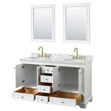 Load image into Gallery viewer, Wyndham Deborah 60 Inch Double Bathroom Vanity in White, White Carrara Marble Countertop, Undermount Oval Sinks, Brushed Gold Trim, 24 Inch Mirrors- Wyndham