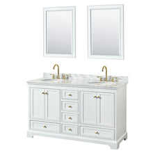 Load image into Gallery viewer, Wyndham Deborah 60 Inch Double Bathroom Vanity in White, White Carrara Marble Countertop, Undermount Oval Sinks, Brushed Gold Trim, 24 Inch Mirrors- Wyndham