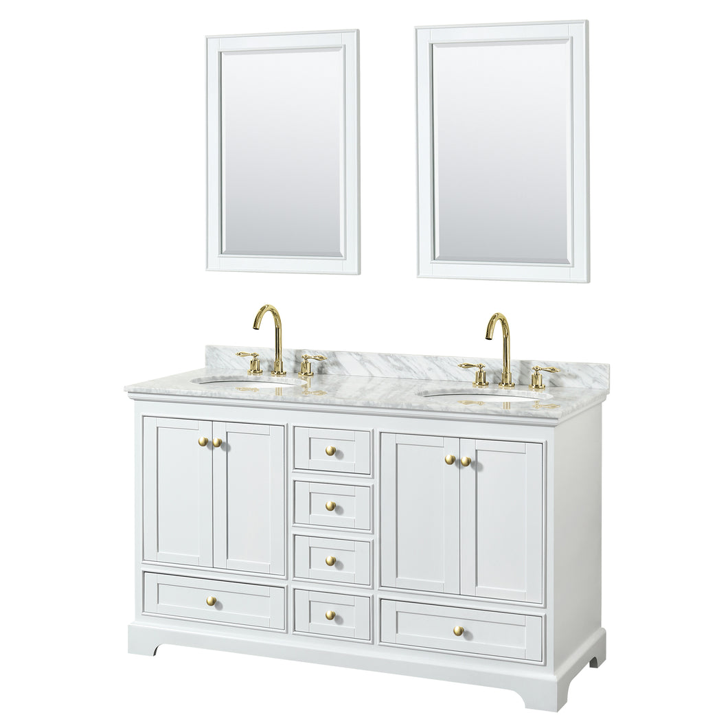 Wyndham Deborah 60 Inch Double Bathroom Vanity in White, White Carrara Marble Countertop, Undermount Oval Sinks, Brushed Gold Trim, 24 Inch Mirrors- Wyndham