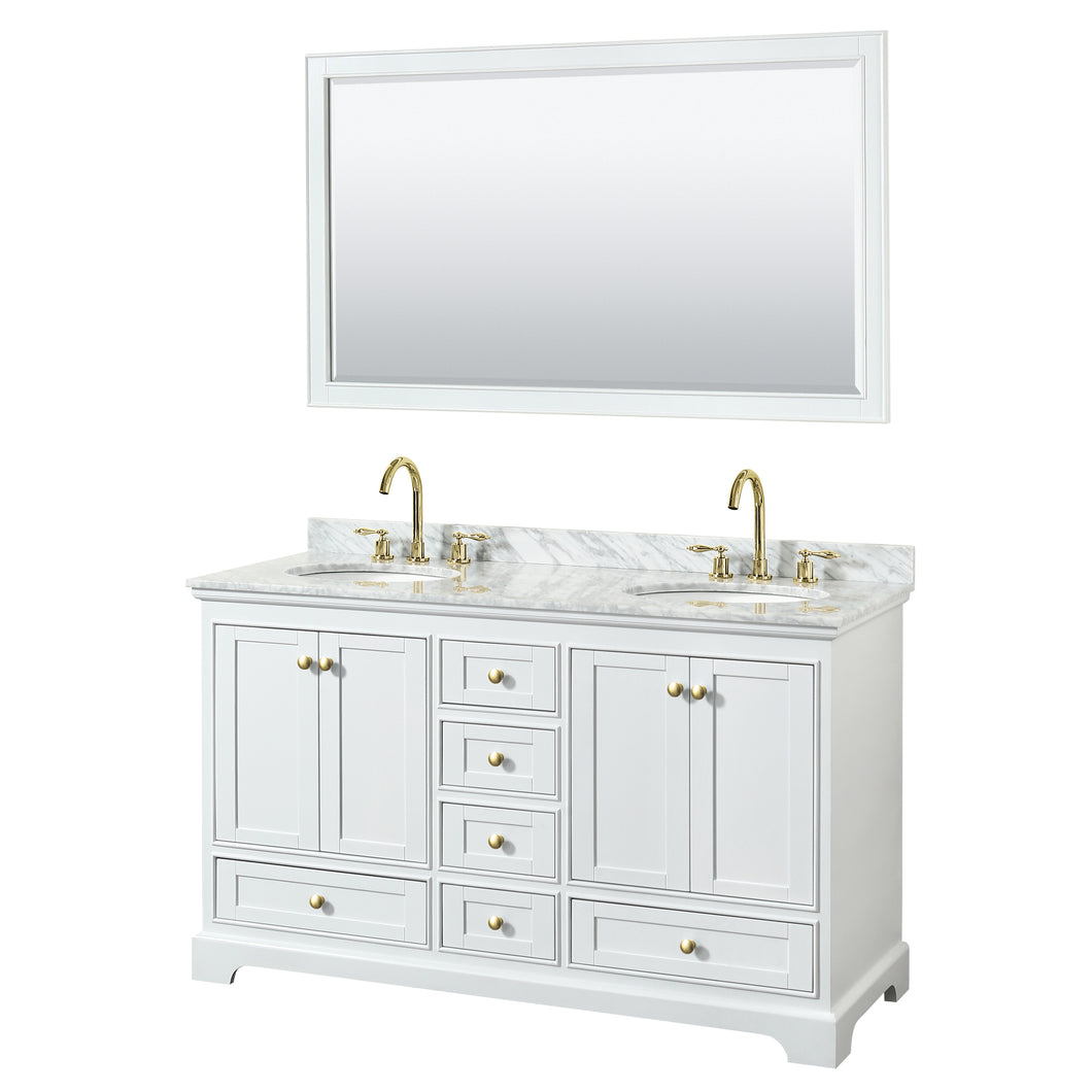 Wyndham Deborah 60 Inch Double Bathroom Vanity in White, White Carrara Marble Countertop, Undermount Oval Sinks, Brushed Gold Trim, 58 Inch Mirror- Wyndham