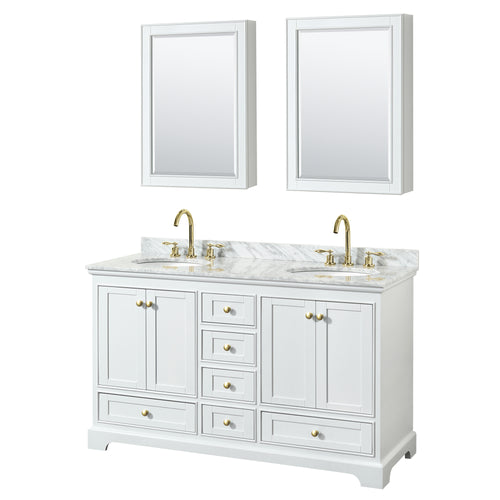 Wyndham Deborah 60 Inch Double Bathroom Vanity in White, White Carrara Marble Countertop, Undermount Oval Sinks, Brushed Gold Trim, Medicine Cabinets- Wyndham